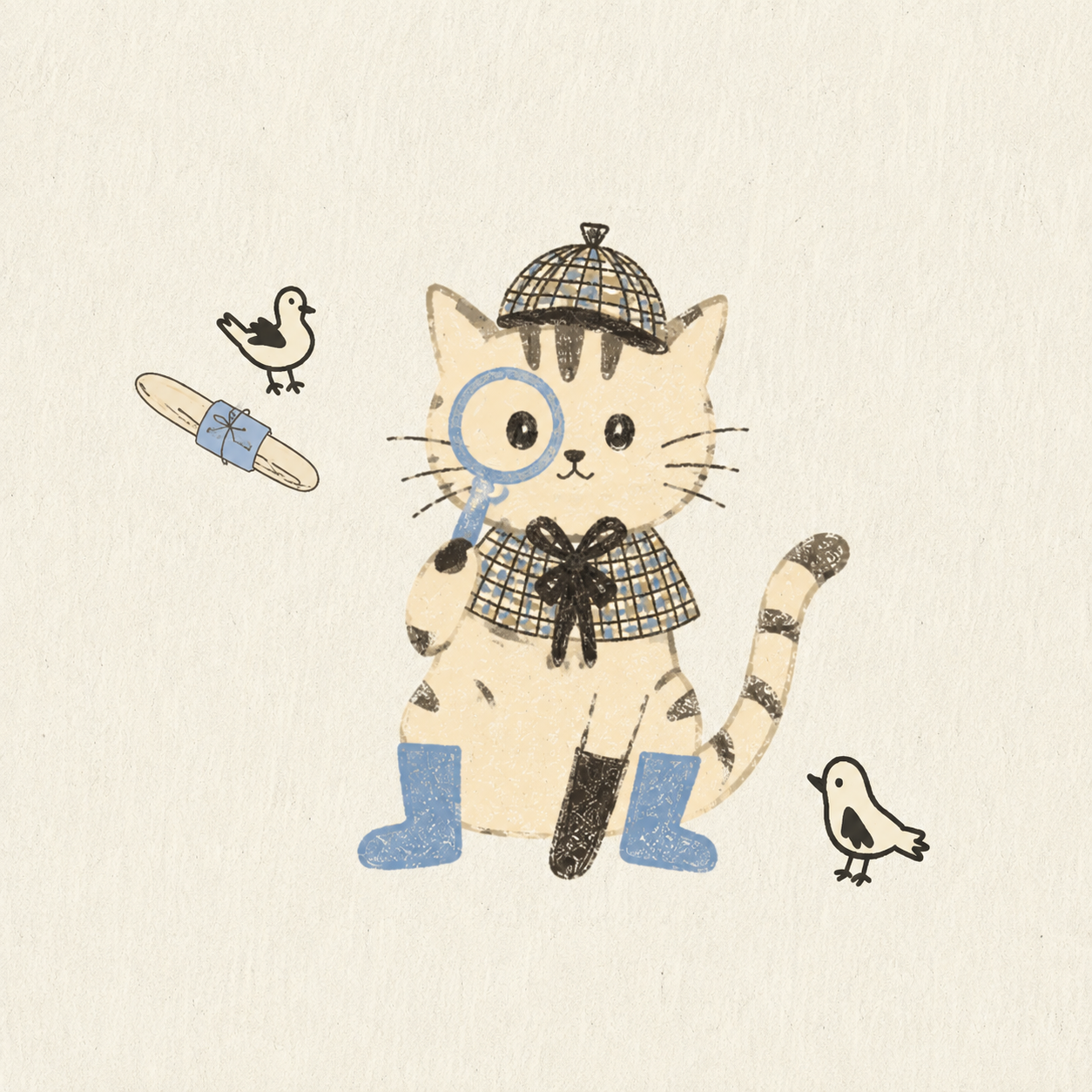 Playful illustrated cat with detective-inspired details